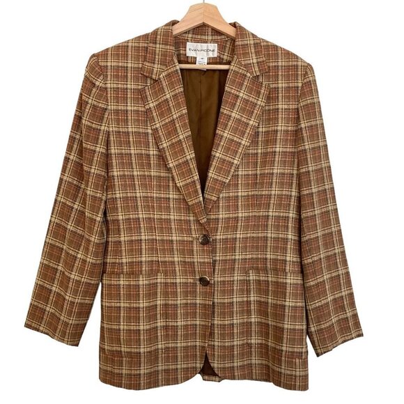 Vintage 90s EVAN-PICONE Academia Heritage Plaid Silk Blend Two Button Blazer - Picture 1 of 8